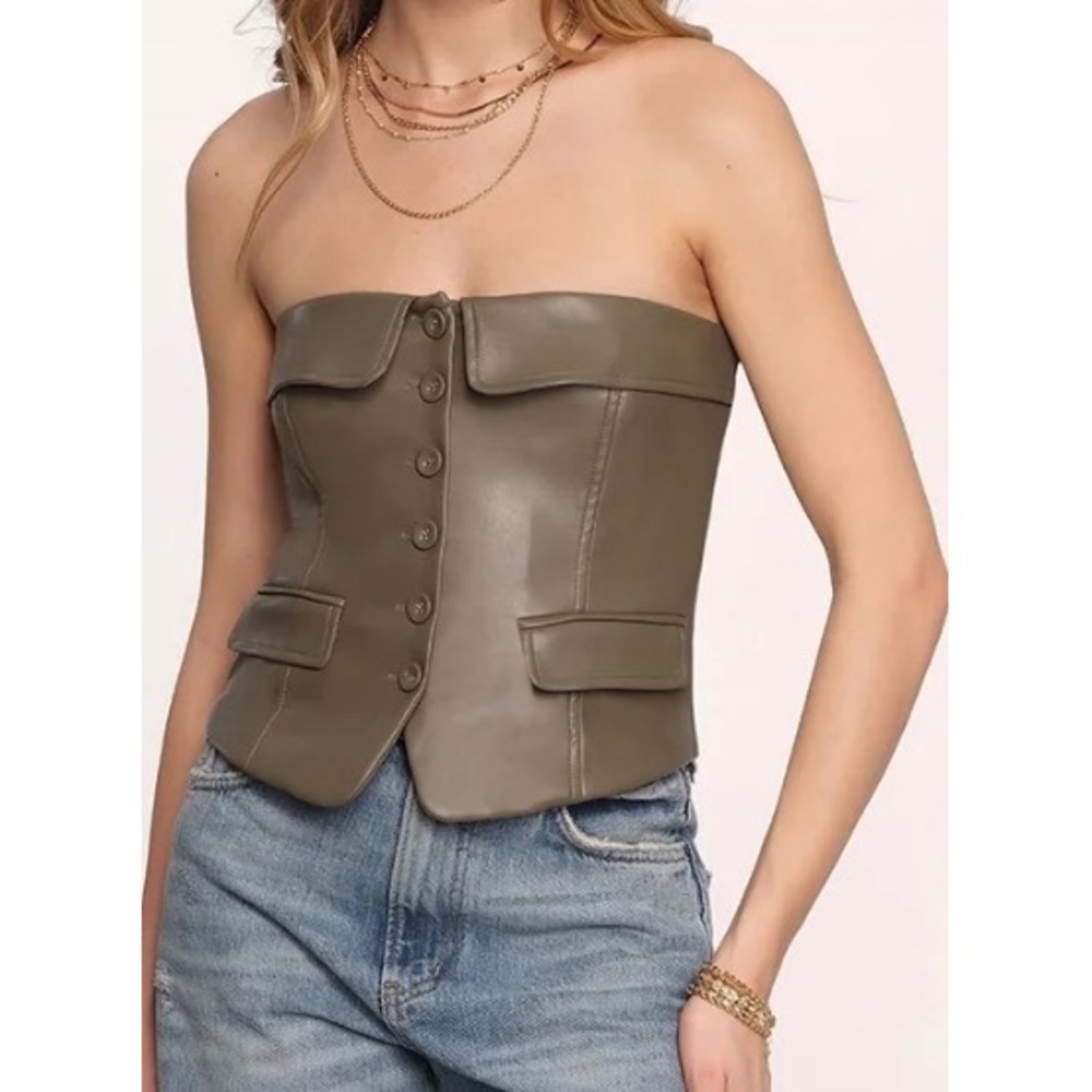 Heartloom Fern Top Taupe Faux Leather Strapless Button Down Vest Top Large NEW